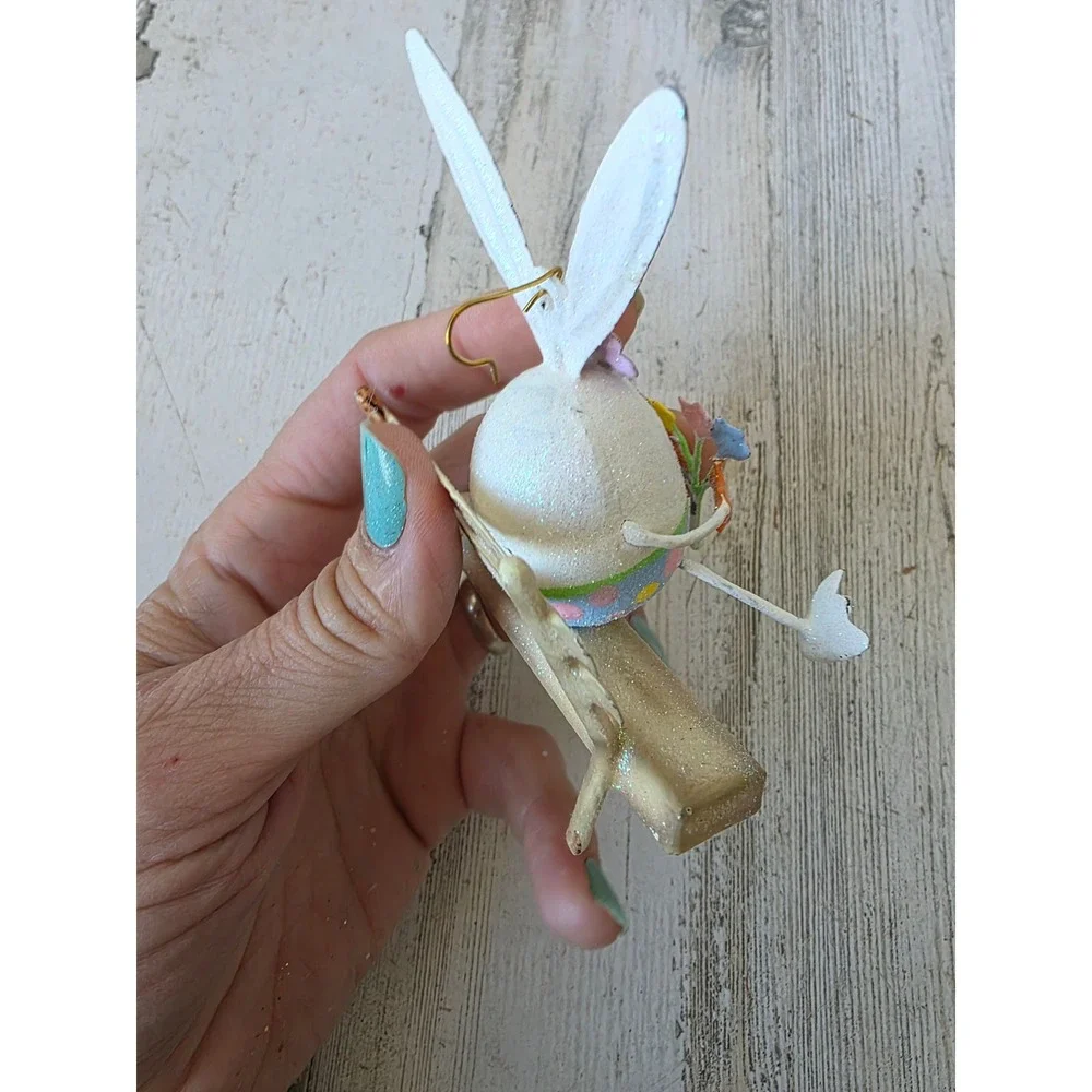 Vintage Pier 1 Easter Bunny bench RARE spring metal ornament glitter rabbit